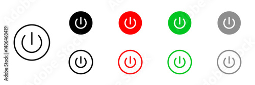 Power On/Off Button Icon Set – Flat Line Energy Switch, Vector for Apps/Web
