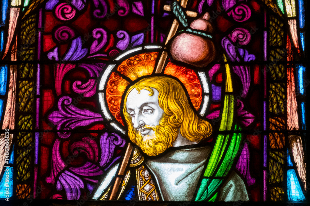 Fototapeta premium Stained glass (19th century) of Saint James the Greater or Saint James of Compostela or Saint Jacques de Compostelle. Saint and apostle of the Roman Catholic Church.
