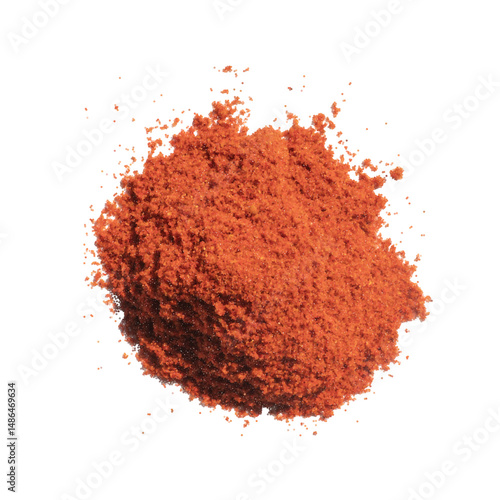 Powdered red pepper paprika chilly isolated on white top view. Spice background with ground cayenne food hot. Seasoning pile of smoked dry cooking paprica.