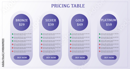 Subscription plans and pricing table in purple color, Pricing table with 4 options, subscription pricing table design