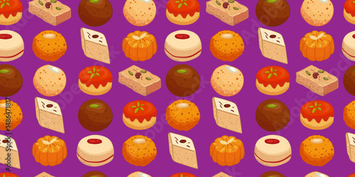 seamless pattern of Indian sweets mithai on purple background festive dessert design celebration of festivals, textiles, packaging decor oriental desserts