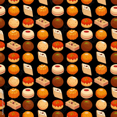 seamless pattern with indian sweets for diwali celebration – traditional mithai desserts design for wrapping, fabric, wallpaper, textile and holiday decor