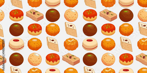 seamless indian sweets pattern on white background – traditional mithai dessert icons vector for textile, packaging, diwali greeting, wrapping and fabric design