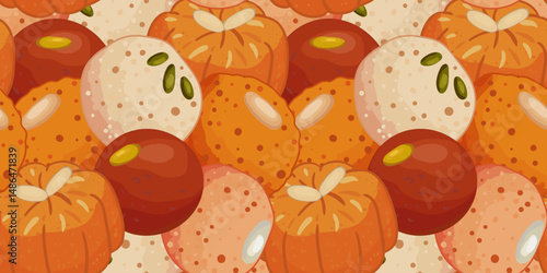 oriental indian sweets seamless pattern background – traditional mithai dessert design for textile, wrapping paper, diwali packaging, food market decoration