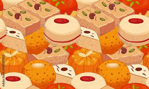 traditional indian sweets seamless pattern with barfi, peda, laddu and mithai – colorful oriental dessert background for diwali, packaging, textiles