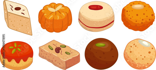 isolated hand-drawn vector objects mitai, laddoo, barfi, gulab jamun, peda, jalebi for diwali festival Indian sweets, oriental traditional food