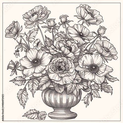 Wallpaper Mural A detailed black and white line drawing of a bouquet of daisies in a traditional fluted vase on a white background, showcasing intricate flower and leaf details. Torontodigital.ca