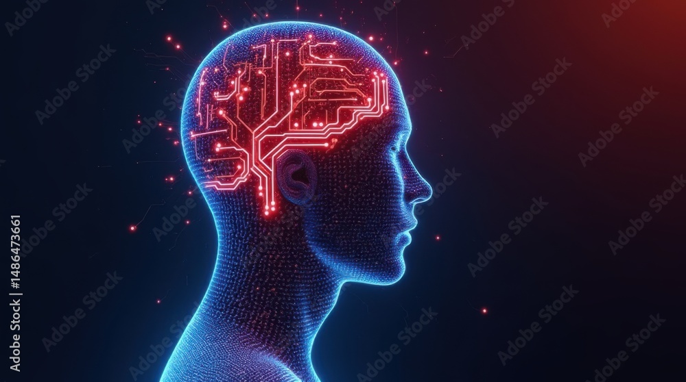 Obraz premium Abstract technological representation of human mind with glowing circuit patterns. Head silhouette containing illuminated data pathways symbolizing artificial intelligence processing.
