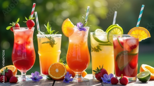 Collection of colorful summer cocktails with artistic presentation