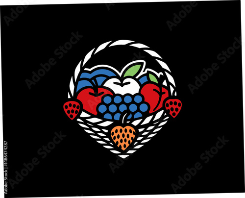 Colorful fruit basket illustration with apples, grapes, and strawberries  