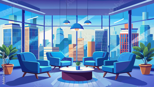 Modern office lounge with blue armchairs and cityscape view. 3D Rendering