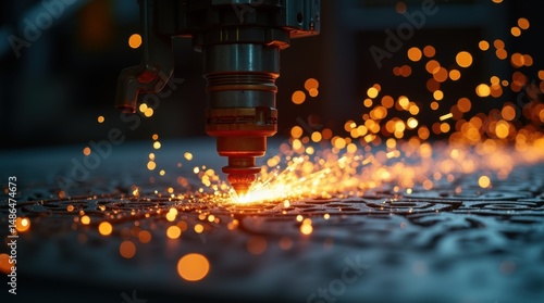 Detailed view of laser cutter producing vibrant sparks