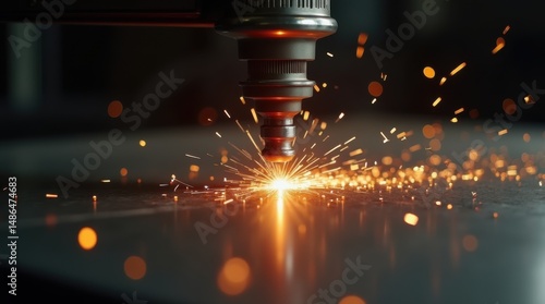 Detailed view of laser cutter producing vibrant sparks