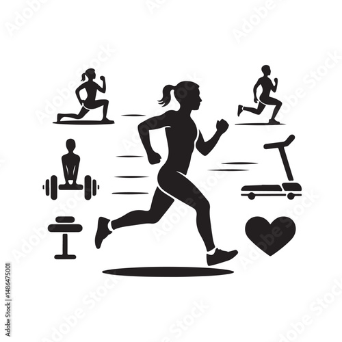 Fitness Icon Set Vector Black Silhouettes of Gym Equipment Exercise Poses Weights and Health Symbols