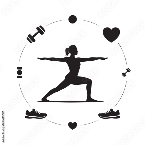 Fitness Icon Set Vector Black Silhouettes of Gym Equipment Exercise Poses Weights and Health Symbols