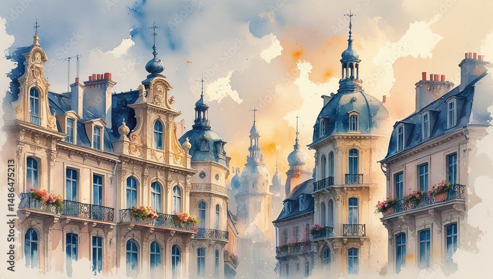 Fototapeta premium Watercolor Cityscape Illustration of European Architecture