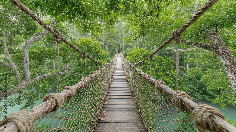 Obraz premium Suspension bridge stretching through lush, green rainforest canopy over teal water