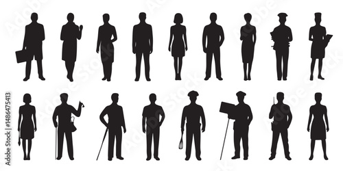 Jobs and Occupations Icon Set Vector Black Silhouettes of Doctors Teachers Chefs Police and Construction Workers