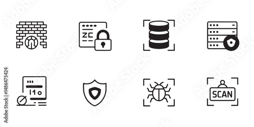 Cybersecurity Icon Set Vector Black Silhouettes of Firewall Encryption Server Shield Bug and Scan