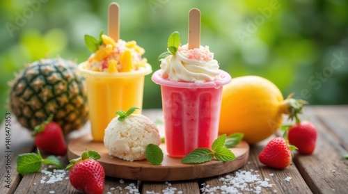 Refreshing summer popsicles and ice cream served on rustic wooden table with scattered tropical fruits and mint leaves 
