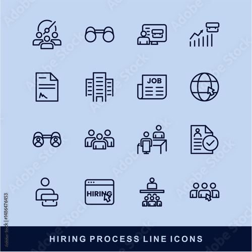 Now Hiring Process Line Icons. Recruitment, Job Application, Interview, Candidate Selection Vector Set