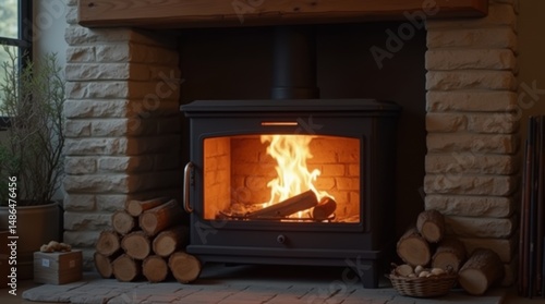 Crackling wooden logs burning with vibrant orange flames in traditional brick fireplace. 