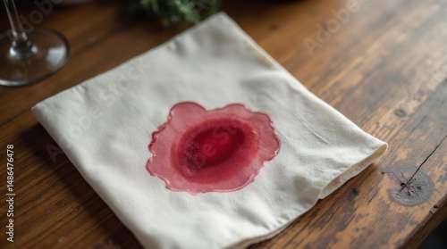 Wine stain on linen napkin placed on rustic wooden table, soft natural daylight, casual dining concept 