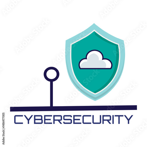 Modern illustration representing Cyber Security in the cloud. The word CYBERSECURITY. The image visually conveys the security of digital information and cloud systems.Vector illustration.