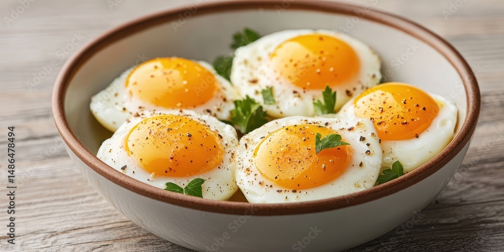 World egg day with yolk protein idea. Fried eggs garnished with herbs in a bowl. World egg day with yolk protein idea. Fried eggs garnished with herbs in a bowl.