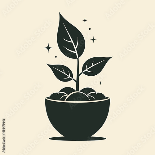 Silhouette of a growing plant in a round pot with soil  