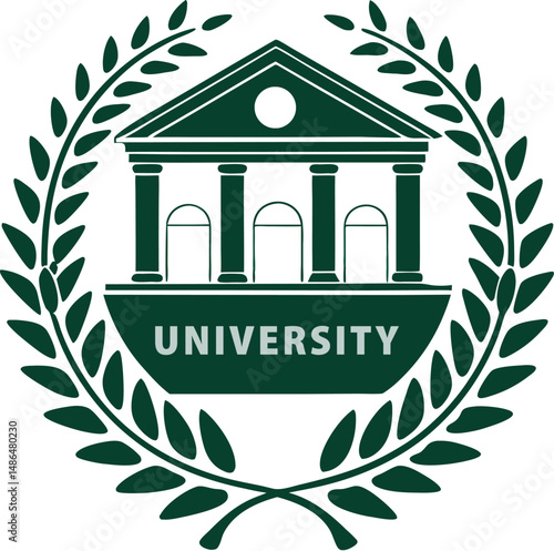 Green University Logo with Classical Building and Laurel Wreath