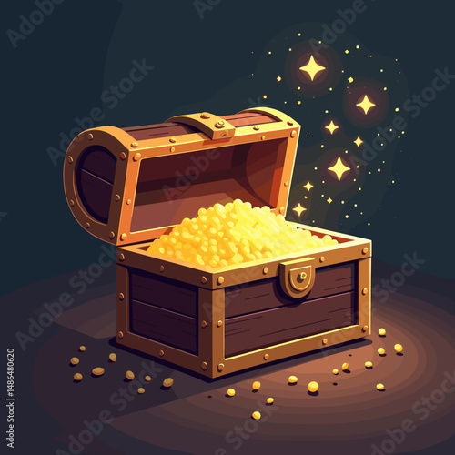 Treasure chest filled with gold coins and sparkling lights  