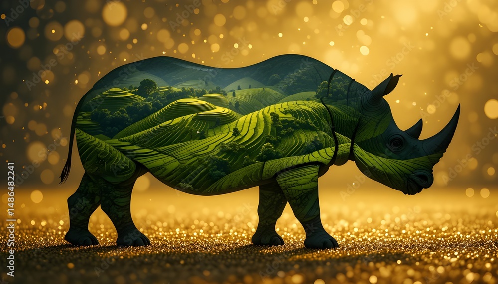 Fototapeta premium Rhino Silhouette: Intricate Aerial Rice Paddies Fill, Contrasting Golden Glitter Bokeh. Photorealistic Nature Art