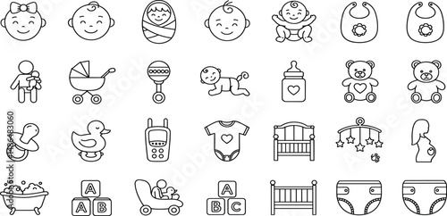 Baby Line Editable Icons set. Vector illustration in modern thin line style of children care related icons: toys, accessories, clothes for babies, and more.