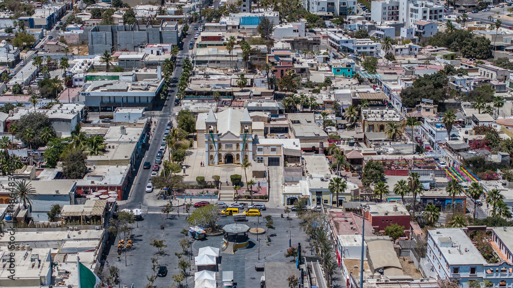 Fototapeta premium San José del Cabos, Mexico, aerial view of area around Plaza Mijares, the historic city center with Municipal Buildings, and 