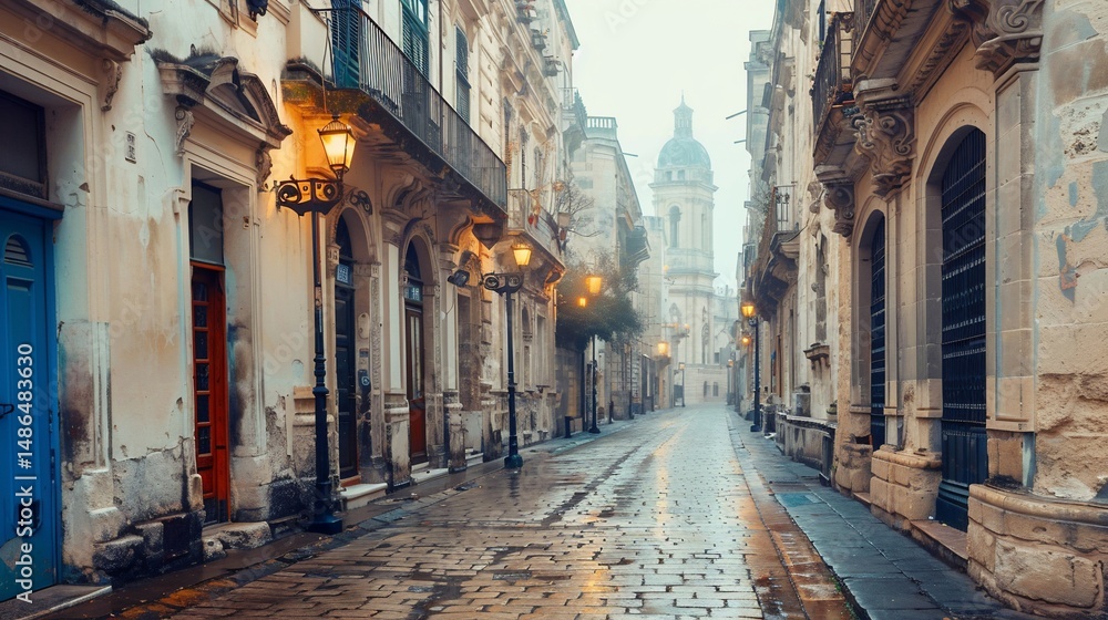 Fototapeta premium Misty morning in an old European city street