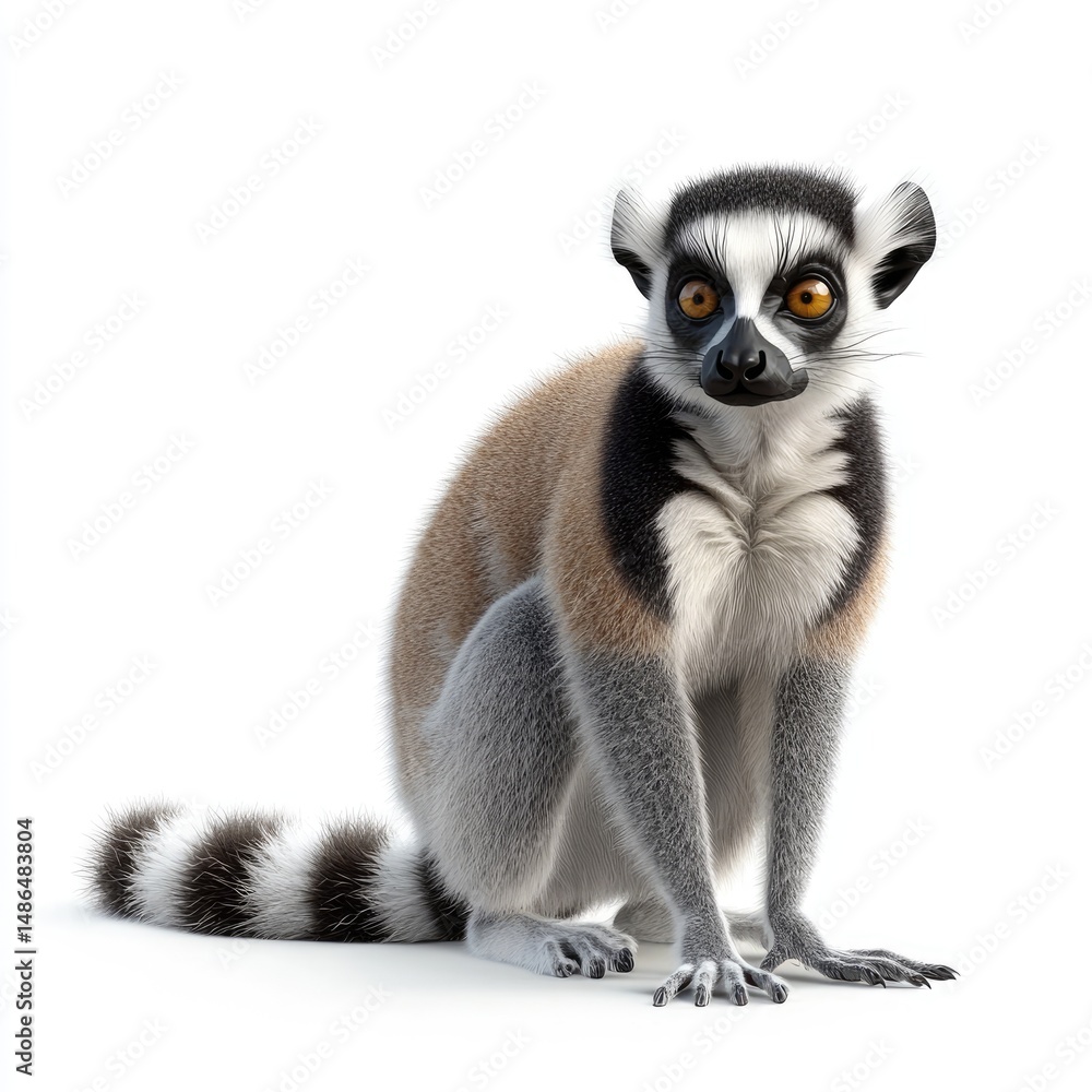 Fototapeta premium A ring-tailed lemur sits facing forward in a setting.
