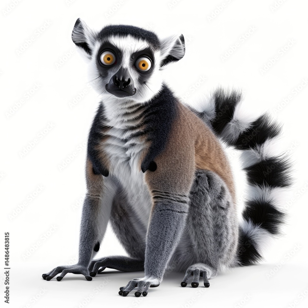Obraz premium Digitally rendered lemur seated against white background.