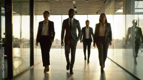 Business team walking confidently in modern office with large windows and city view outside