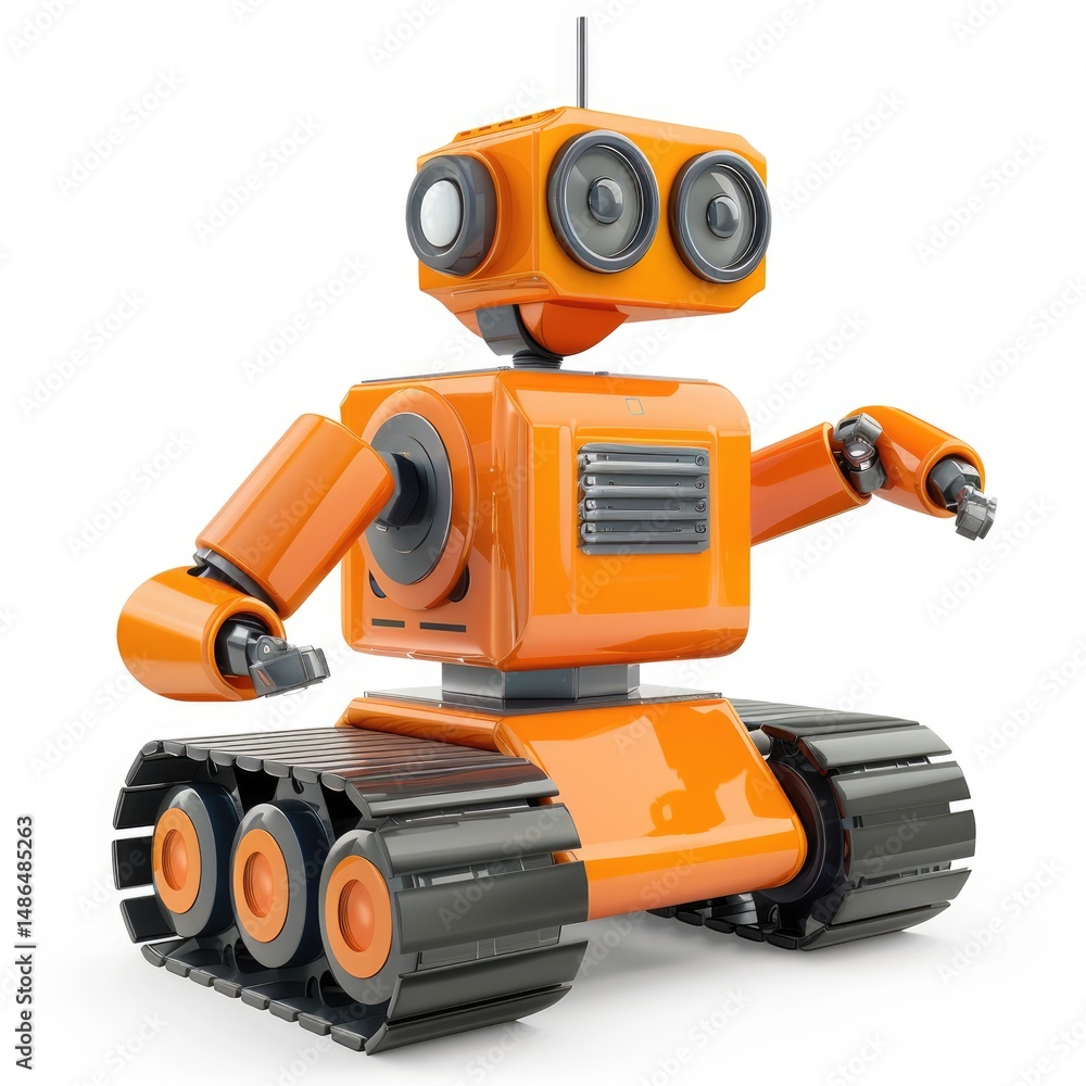 Fototapeta premium Orange robot on treads, presented against a white background.