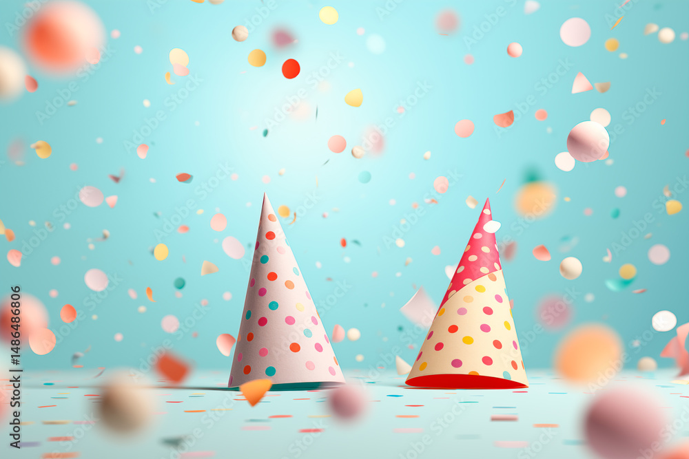 Illustration of pastel colored, spiky birthday cones falling on a light blue background. Image created with AI Illustration of pastel colored, spiky birthday cones falling on a light blue background. Image created with AI