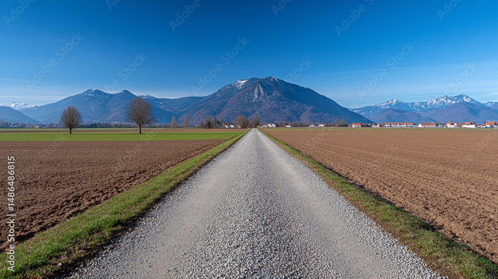 Obraz premium Sunlit Country Path Mountain View - Serene landscape, gravel road, mountains, farmland, blue sky. Symbolizing peace, journey, nature, tranquility, and aspiration