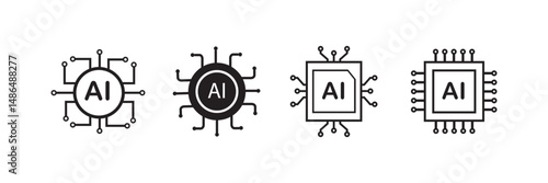  Artificial intelligence AI processor chip icon. Circuit board of computer or Ai chip icon vector silhouette set. Ai chip icon set. EPS10