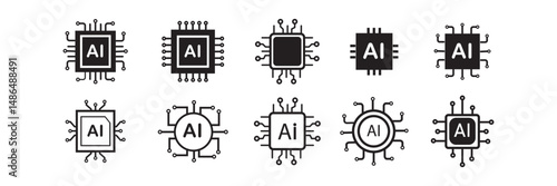  Artificial intelligence AI processor chip icon. Circuit board of computer or Ai chip icon vector silhouette set. Ai chip icon set. EPS10