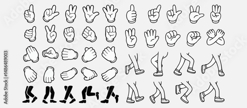 Retro cartoon legs and hands, Hands with gloves and feet with boots, various poses for characters, a set of poses, gestures, placement of hands and feet. Mascot character set. Cartoon set of limbs.eps