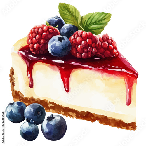 Cheesecake Topped With Berries, watercolor drawing vector, high quality, isolated on a white background.