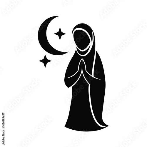 Muslim woman praying under crescent moon stars