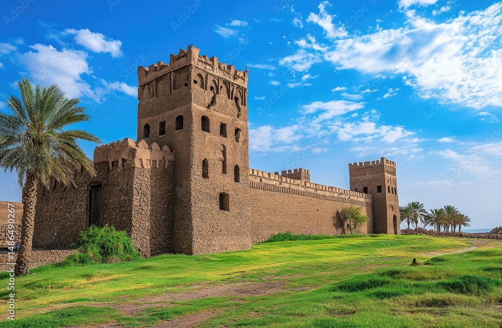 Ancient fortress, walled enclosure, under a bright sky Ancient fortress, walled enclosure, under a bright sky
