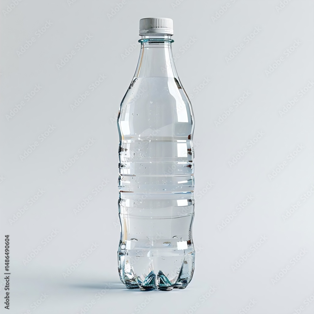 A clear water bottle with a white cap stands upright on a white background, casting a slight shadow, with a hint of condensation on its surface. A clear water bottle with a white cap stands upright on a white background, casting a slight shadow, with a hint of condensation on its surface.