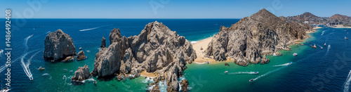 panoramic aerial view of Arch of Cabo San Lucas aka El Arco, Baja California Sur, Mexico, of the southernmost tip of the Baja California peninsula, located in the Pacific Ocean and Gulf of California